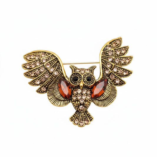 Gold-Tone Owl Brooch with Amber and Clear Rhinestones