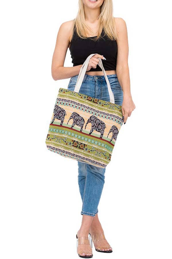 Boho Scenic Ethnic Lucky Elephant Woven Novelty Canvas Tote: Beige