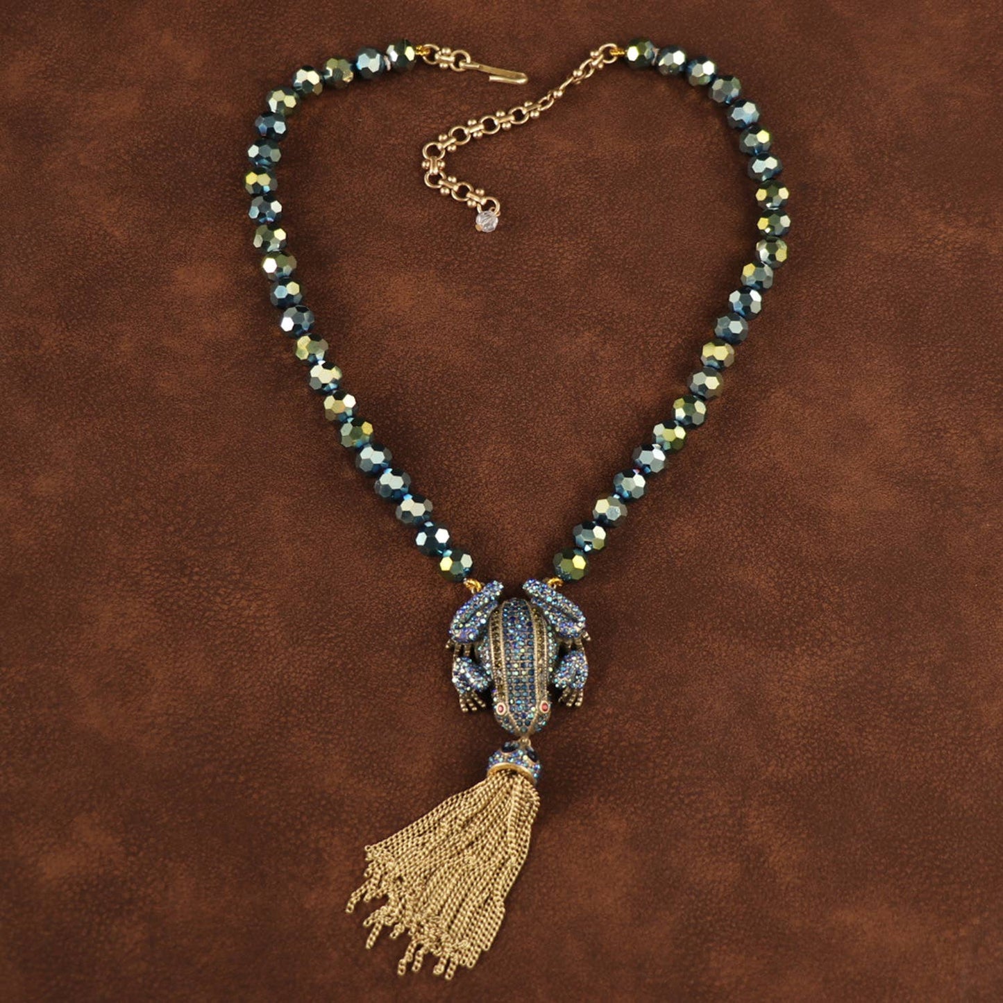 Vintage Frog Gold plated Necklace with Tassel and Crystal