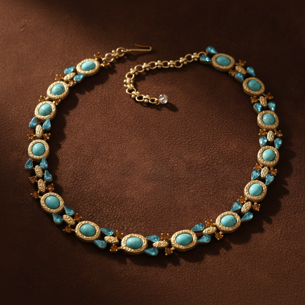 Vintage 18K Gold-Plated Turquoise & Crystal Necklace