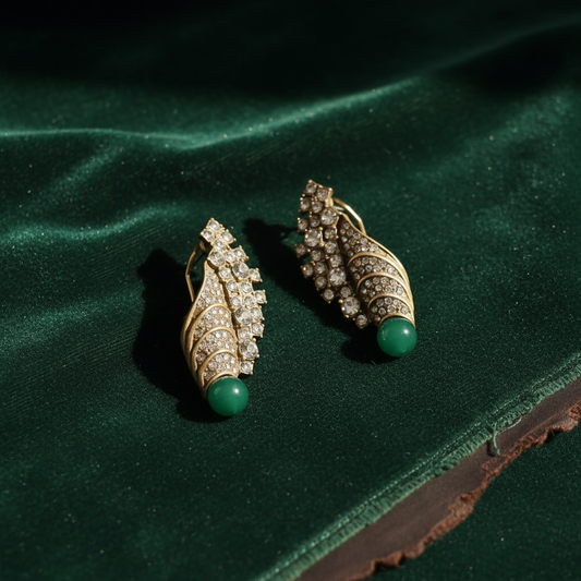 Vintage 18K Gold-Plated Crystal & Green Agate Drop Earrings
