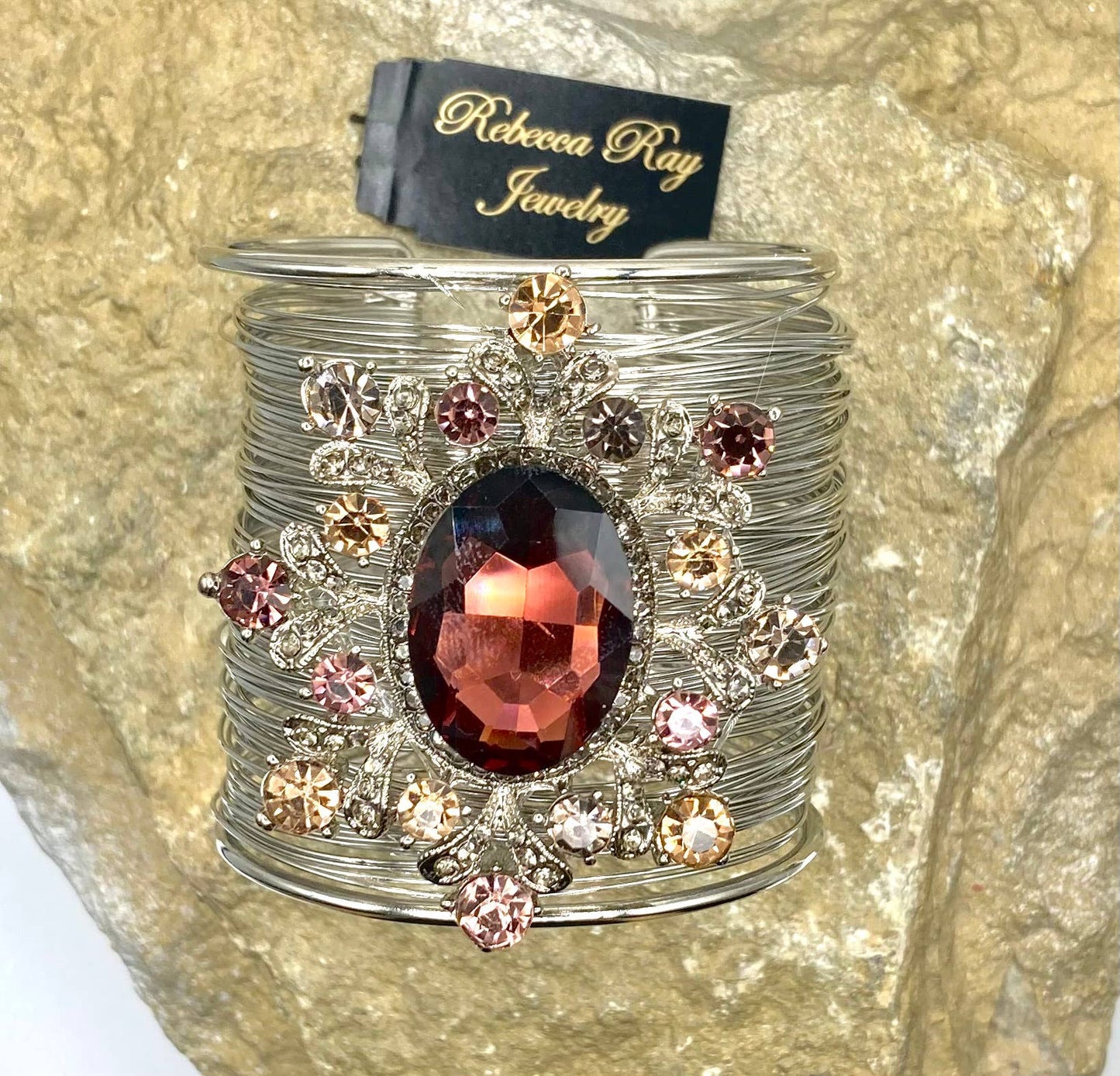 Boho Floral Cuff Statement Bracelet with Crystal Stone : Black