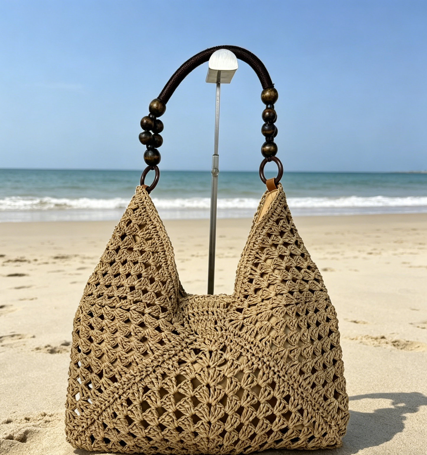 Crochet Straw Hobo Bag Bead Hollow Shoulder Bag: Khaki / M