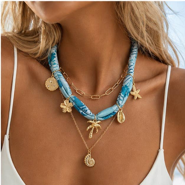 Starfish and Shell Charm Layered Scarf Necklace-7: A7
