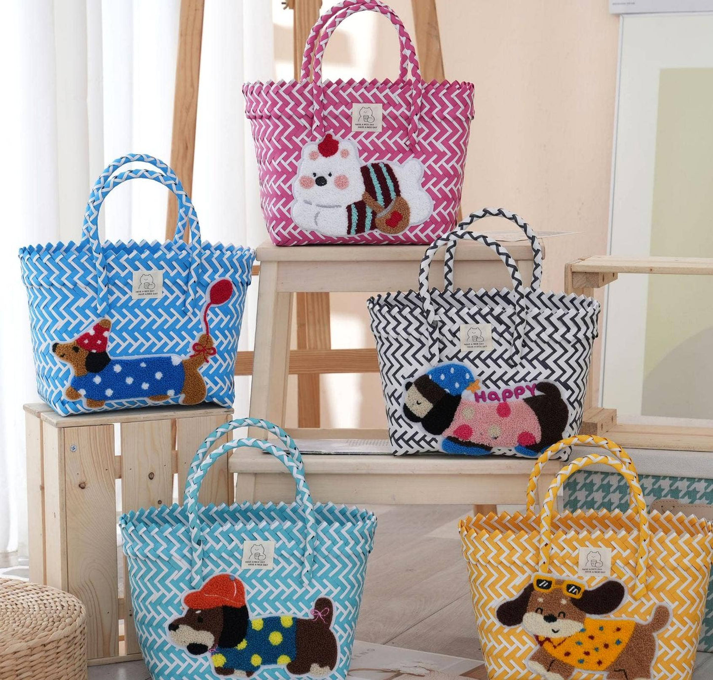 Dachshund Dog PVC Woven Handbag Beach Picnic Basket: Blue / M
