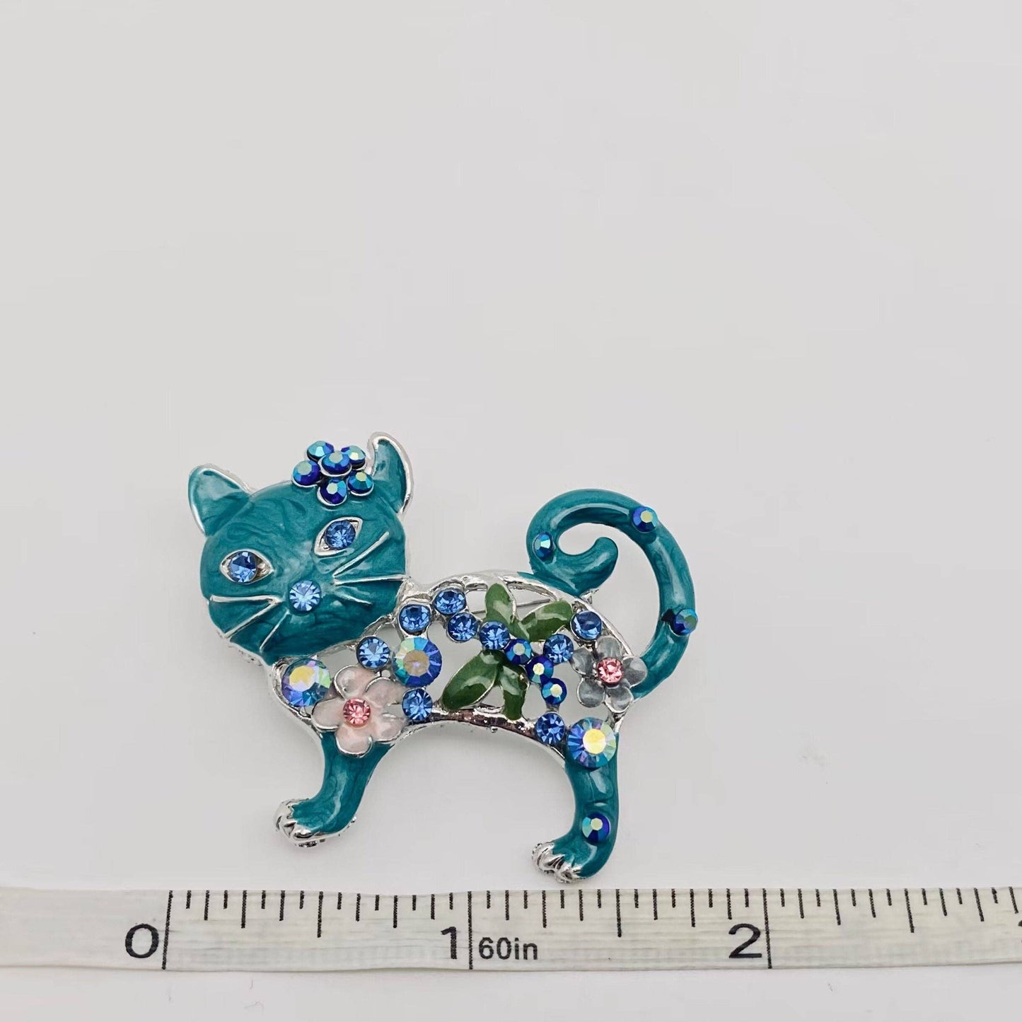 Enamel Kitten Rhinestone Brooch Pin For Clothes: Green