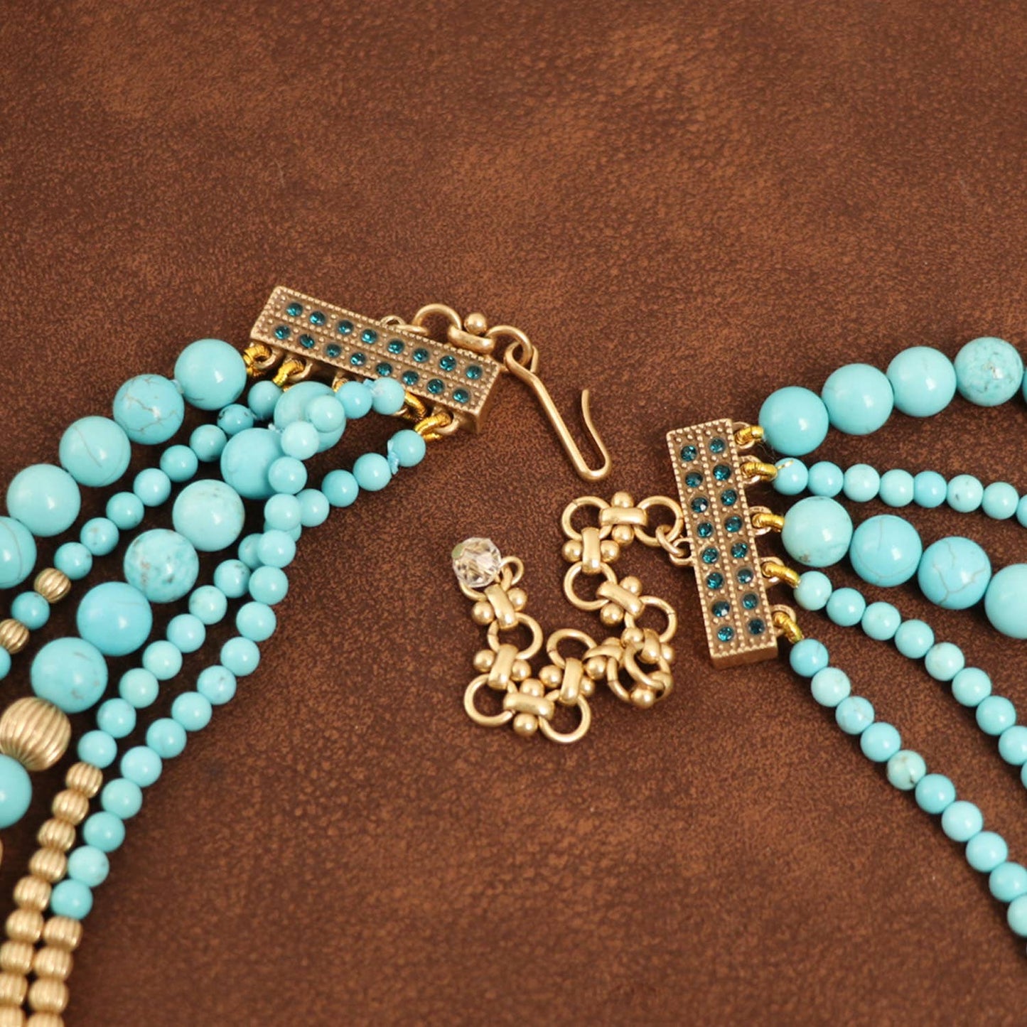 Vintage Gold-Plated Turquoise&Crystal Multi-Layer Necklace