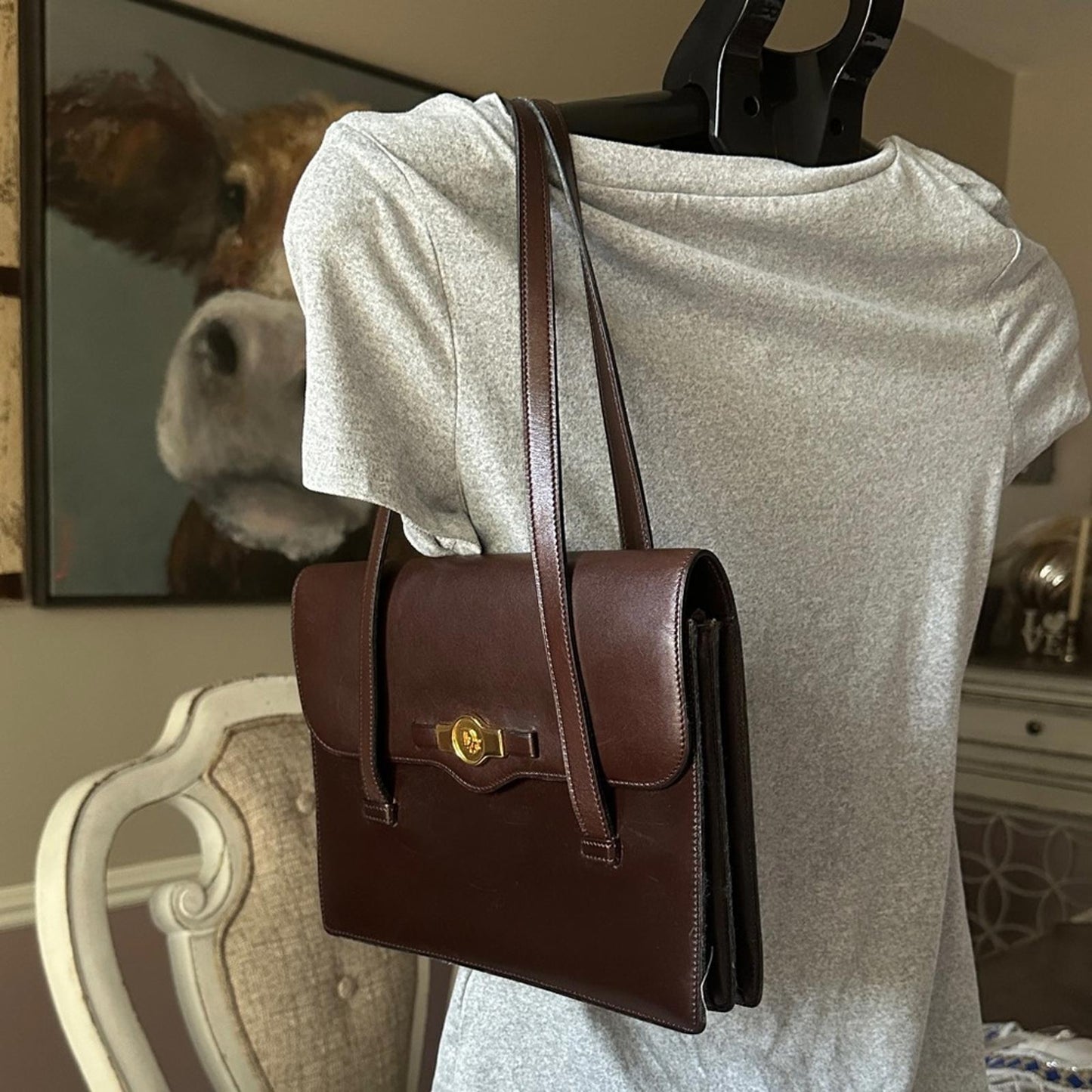 Christian Dior Brown Leather Tote Bag with Gold-tone Hardware