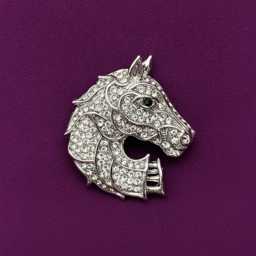 Rhinestone Inlaid Silver Tone Horse Brooch