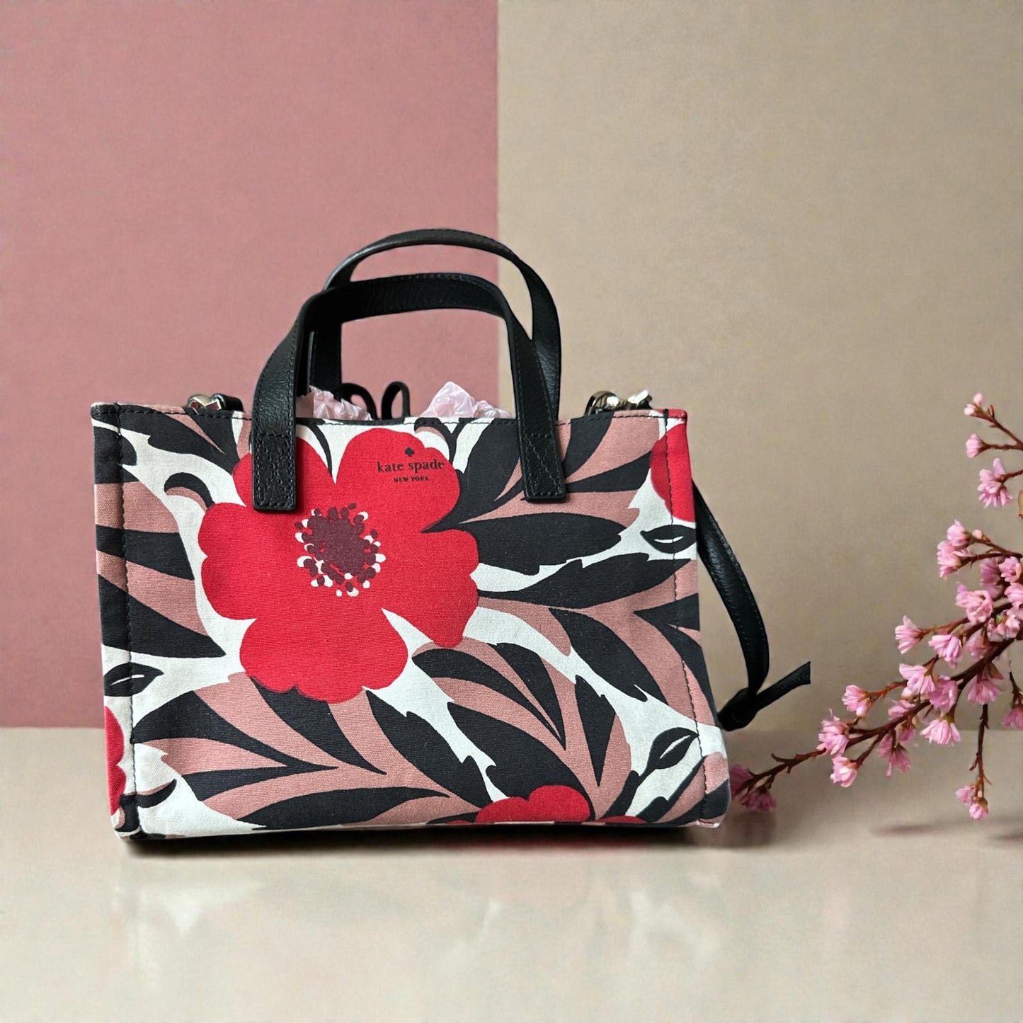 Kate Spade Floral Canvas Bag with Leather Handles and Strap