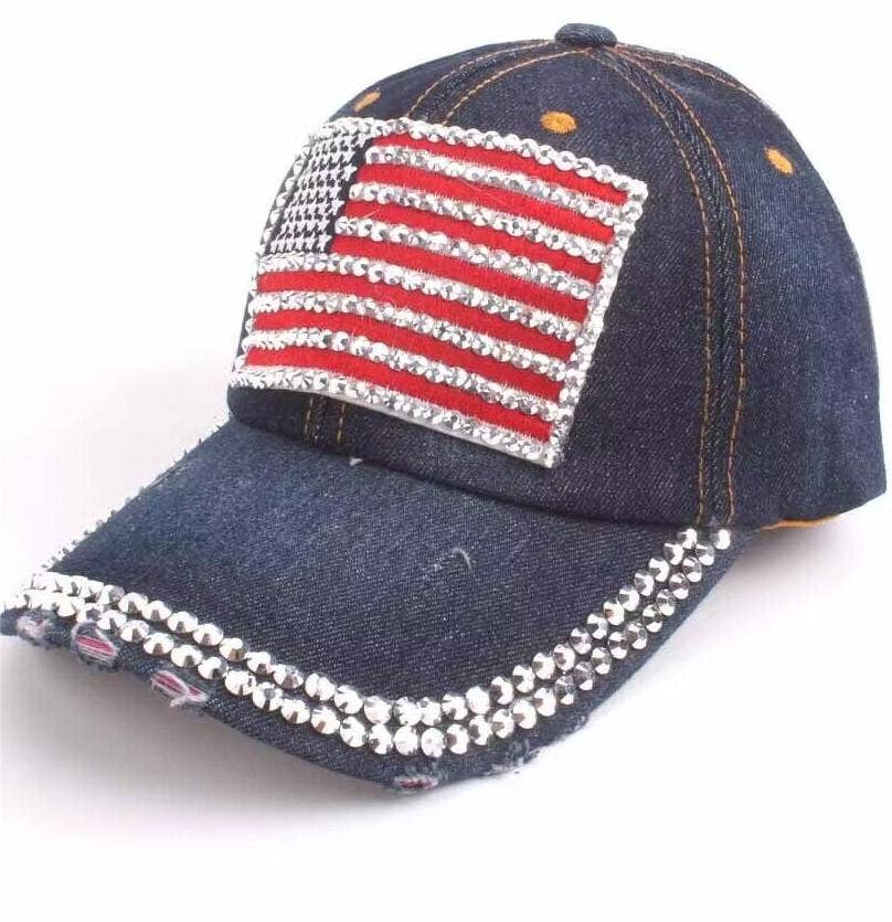 Fourth of July American flag rhinestones baseball cap: Mblue / M