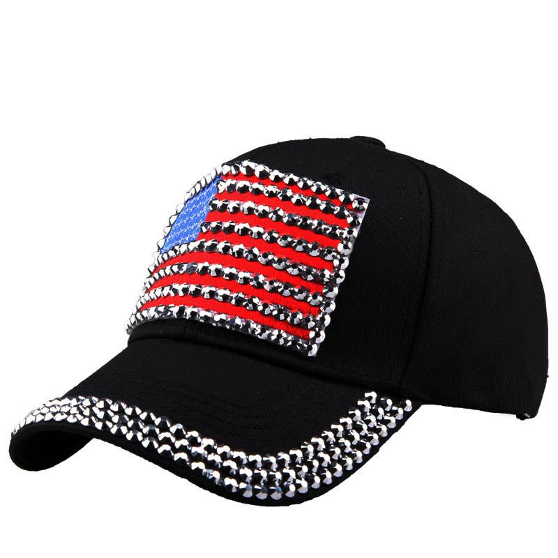 Fourth of July American flag rhinestones baseball cap: Mblue / M