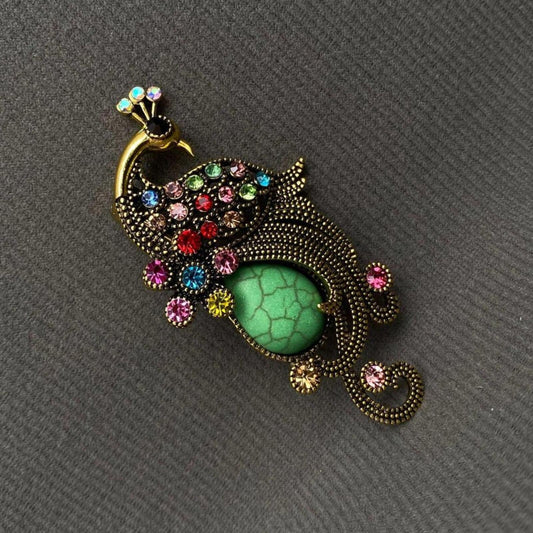 Vintage Peacock Brooch with Multicolor Rhinestones and Green