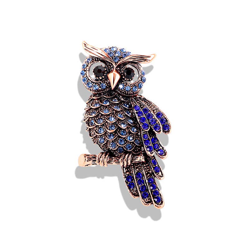 Vintage Diamond-Studded Blue Owl Brooch: Blue / M