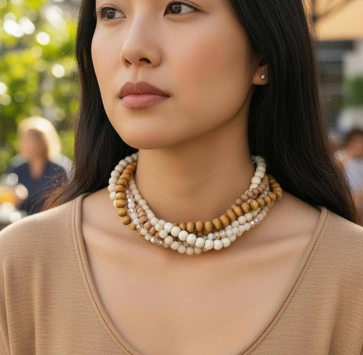 Cato Multi-Strand Beaded Necklace in Neutral Tones