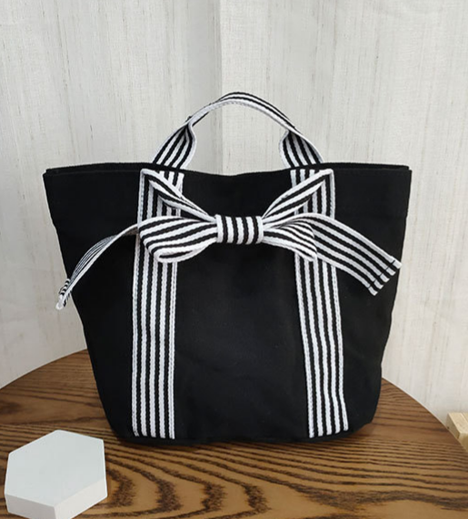 Striped Canvas Tote Bag Bow Handle Bag: Red / M