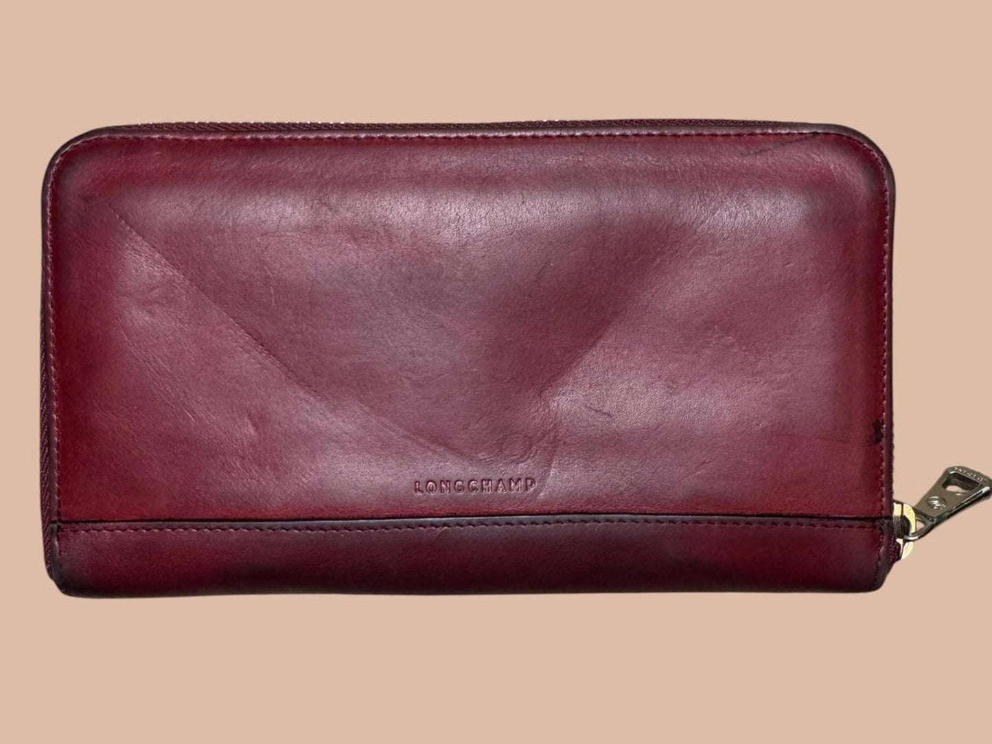 Longchamp Vintage Burgundy Leather Zip Wallet EUC