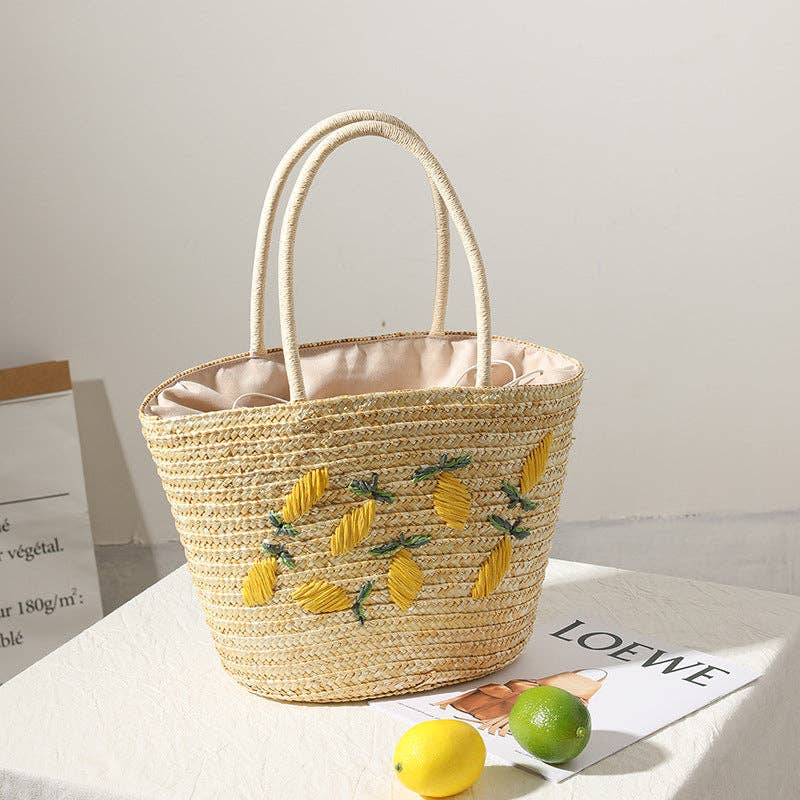 Handwoven Embroidered Lemon Straw Tote Bag: Machine-Sewn Lemon