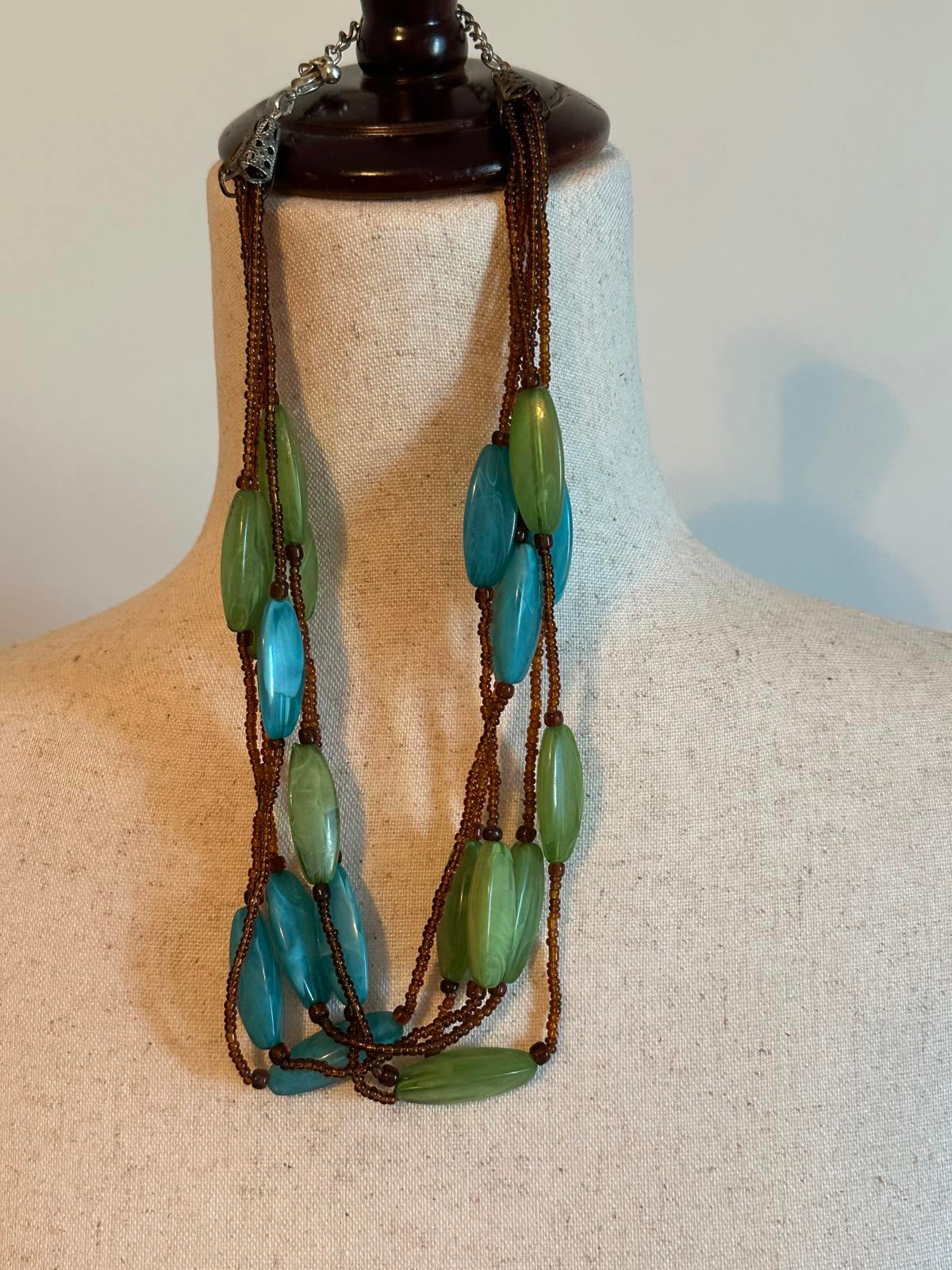 Multi-Strand Blue and Green Beaded Necklace