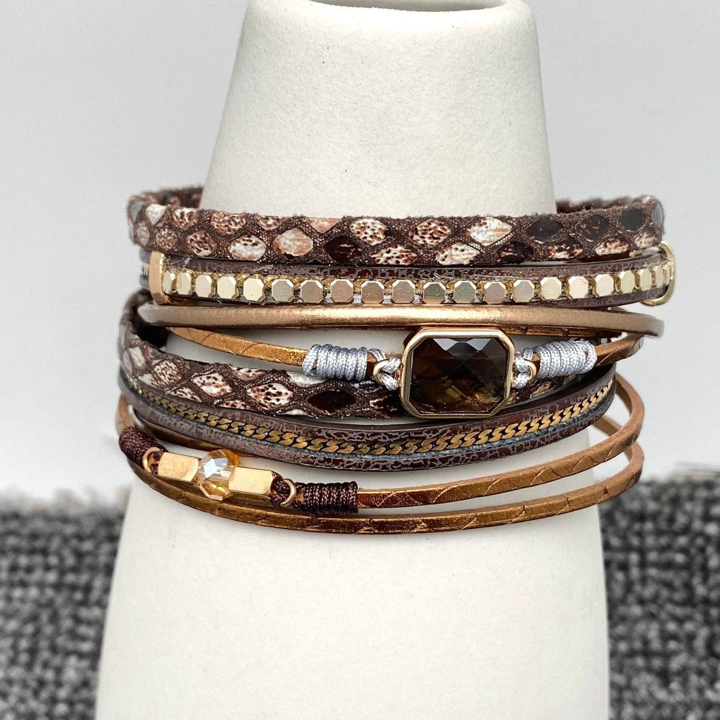 Crystal Charm Snakeskin Multi-Layer Leather Bracelet - LB