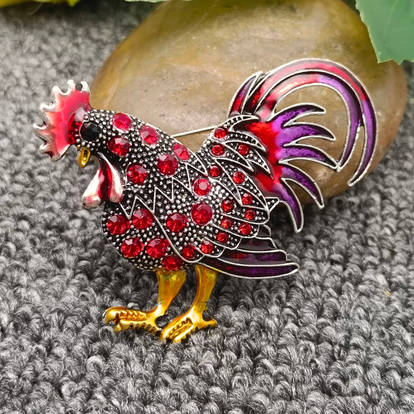 Colored Rhinestone Enamel Rooster Brooch: Purple