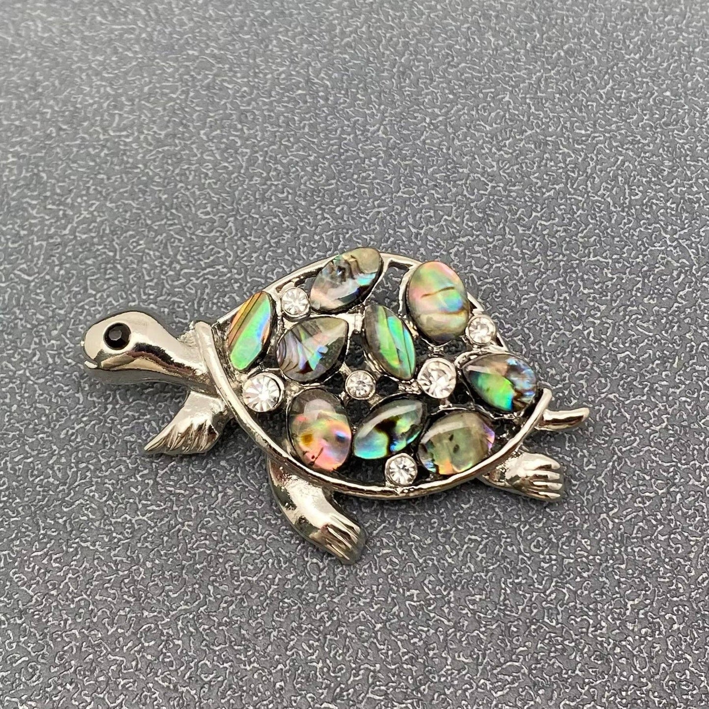 Abalone Shell & Rhinestone Turtle Silver Tone Brooch