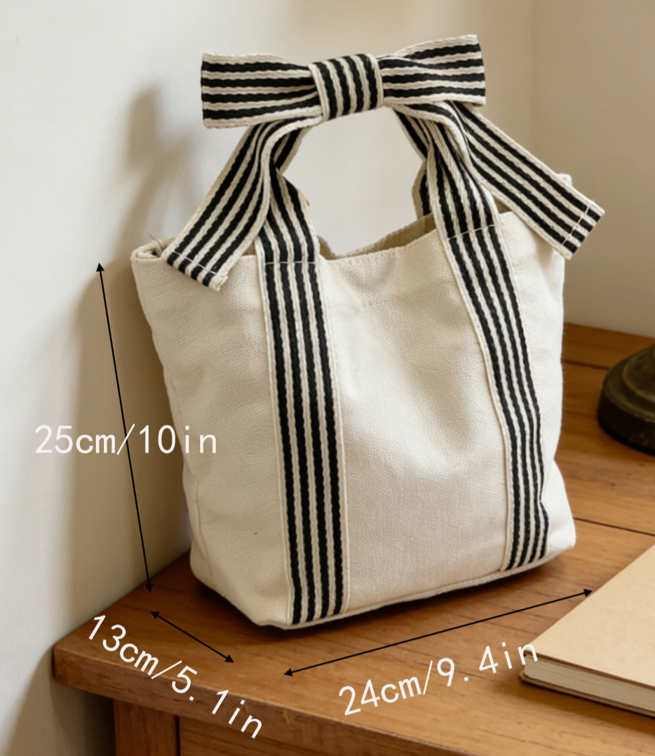 Striped Canvas Tote Bag Bow Handle Bag: Black / M