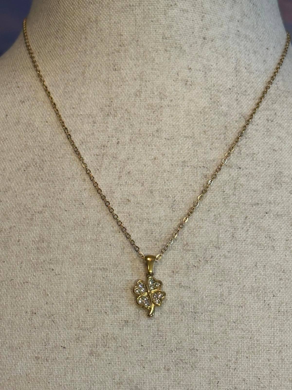 Gold Tone Four Leaf Clover Pendant Necklace with Rhinestones