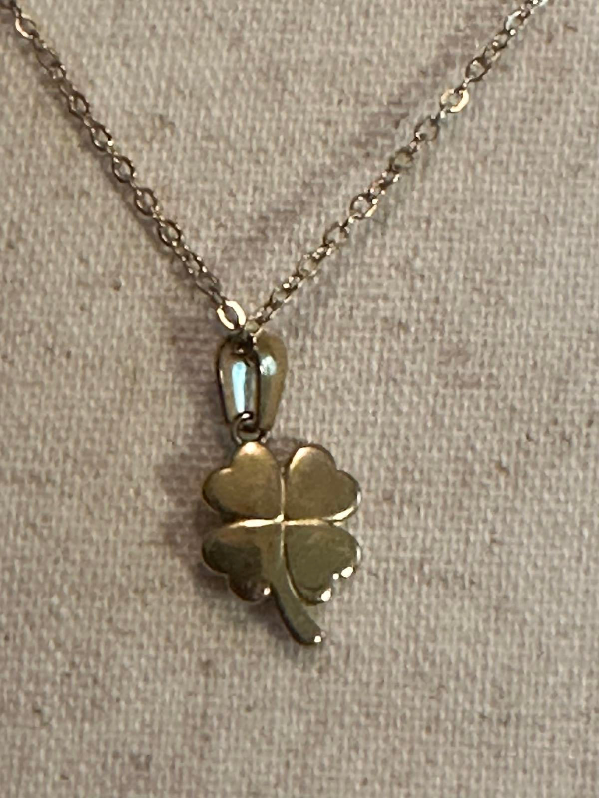 Gold Tone Four Leaf Clover Pendant Necklace with Rhinestones