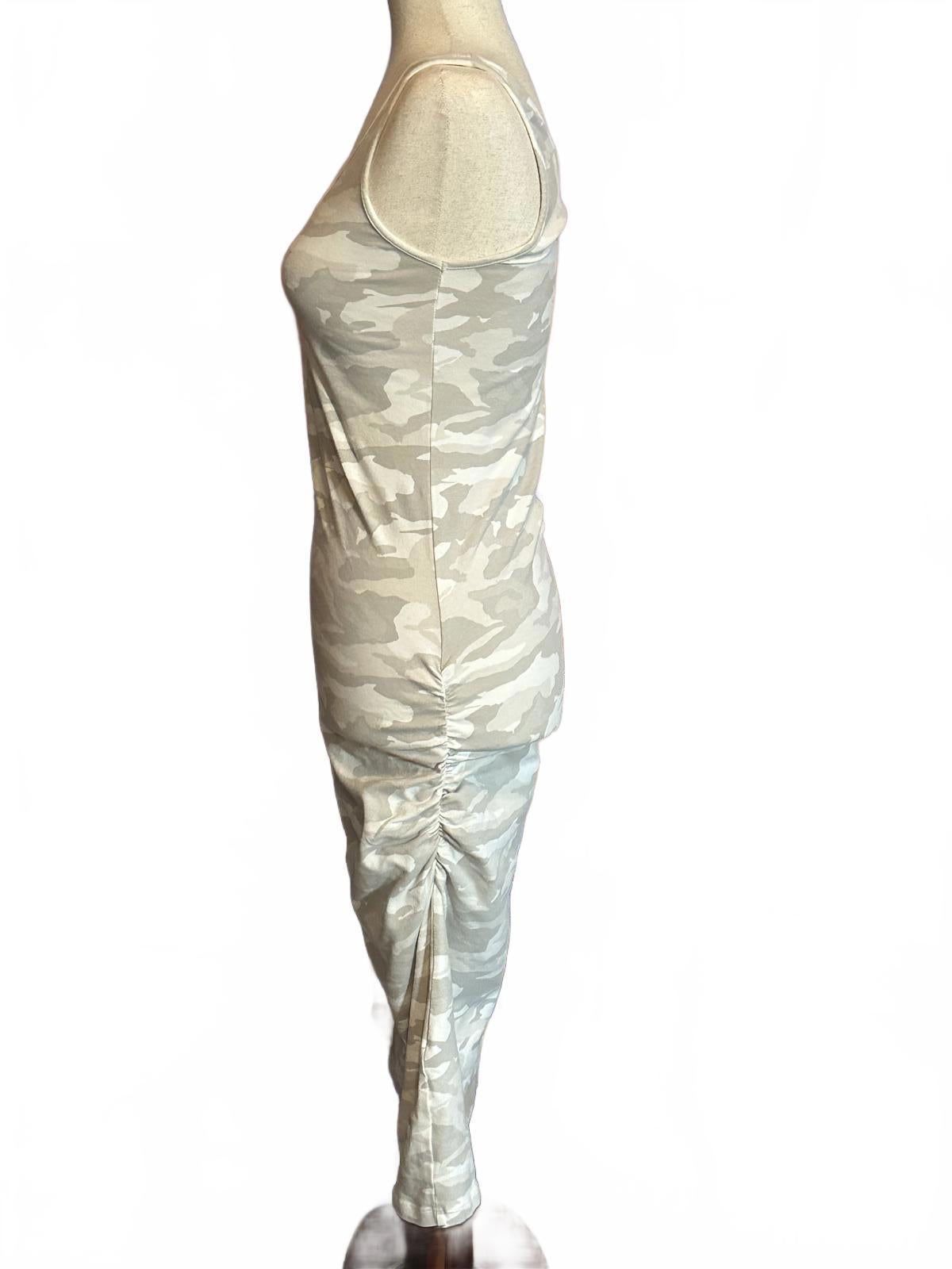 Sleeveless Beige and White Camo Dress with Side Ruching