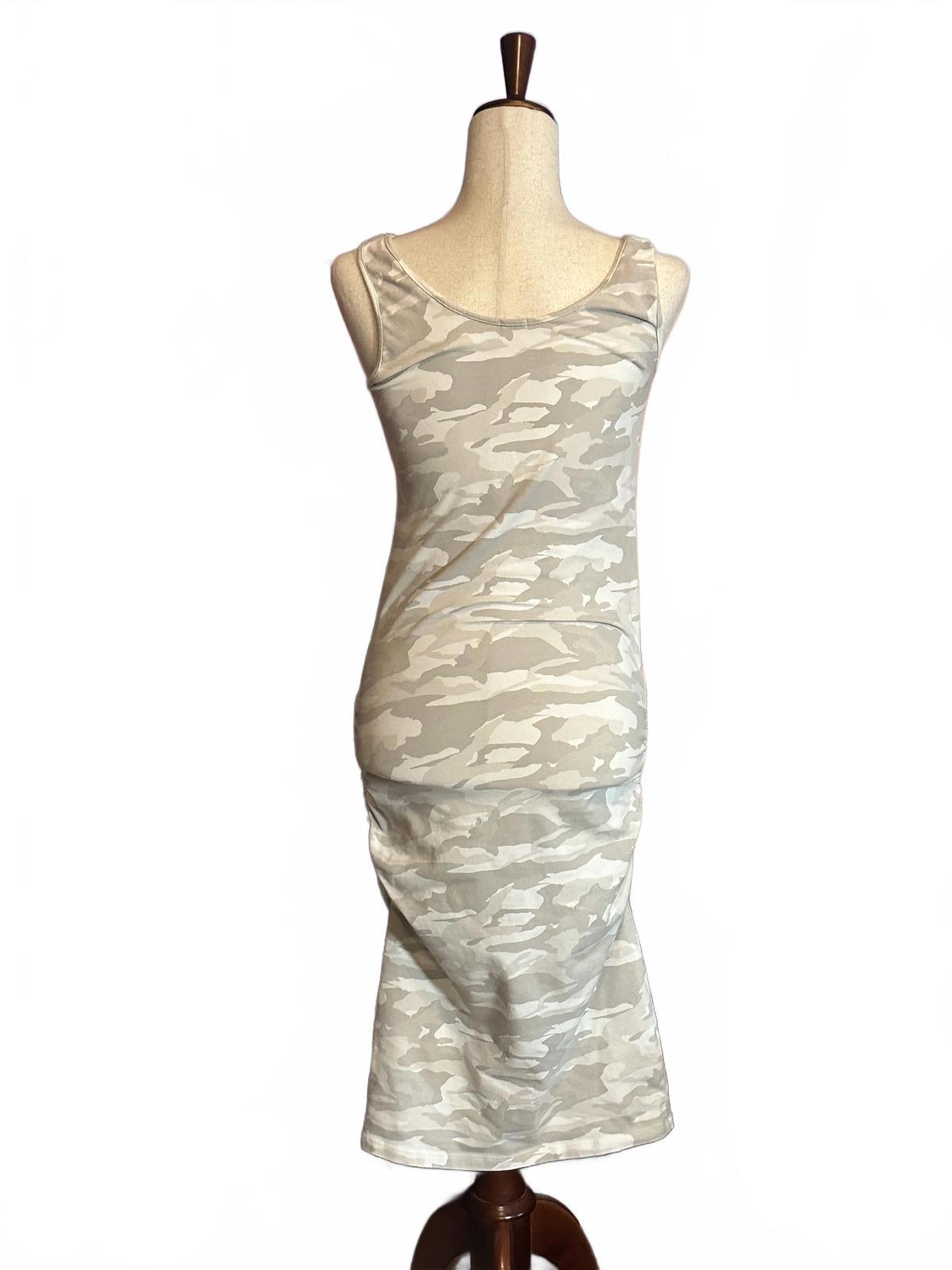 Sleeveless Beige and White Camo Dress with Side Ruching