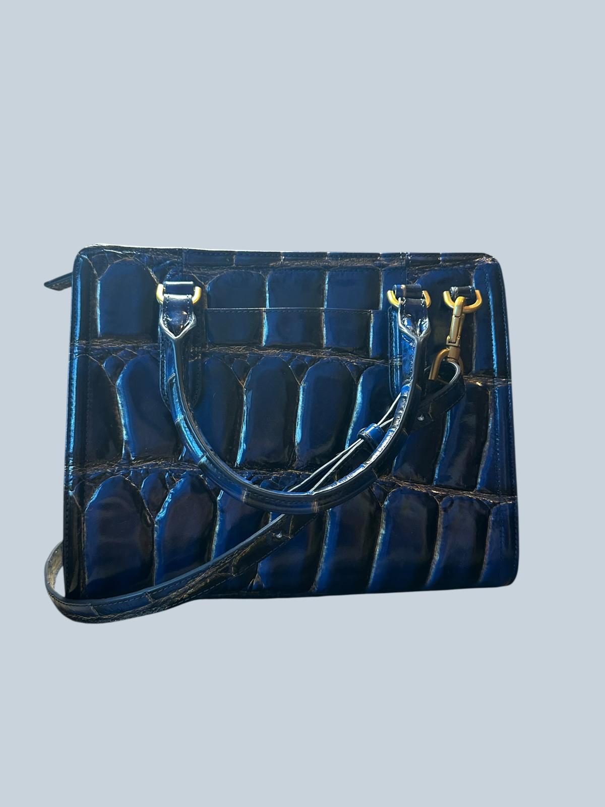 Brahmin Duo Navy Blue Croc-Embossed Leather Satchel & Wallet