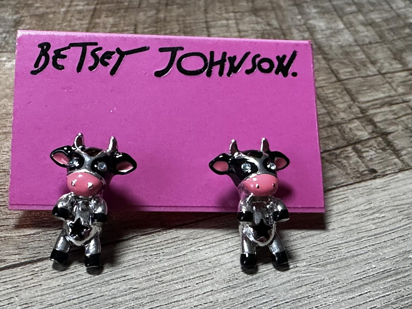 Betsey Johnson Cow Stud Earrings Black Pink Silver Novelty