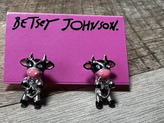 Betsey Johnson Cow Stud Earrings Black Pink Silver Novelty