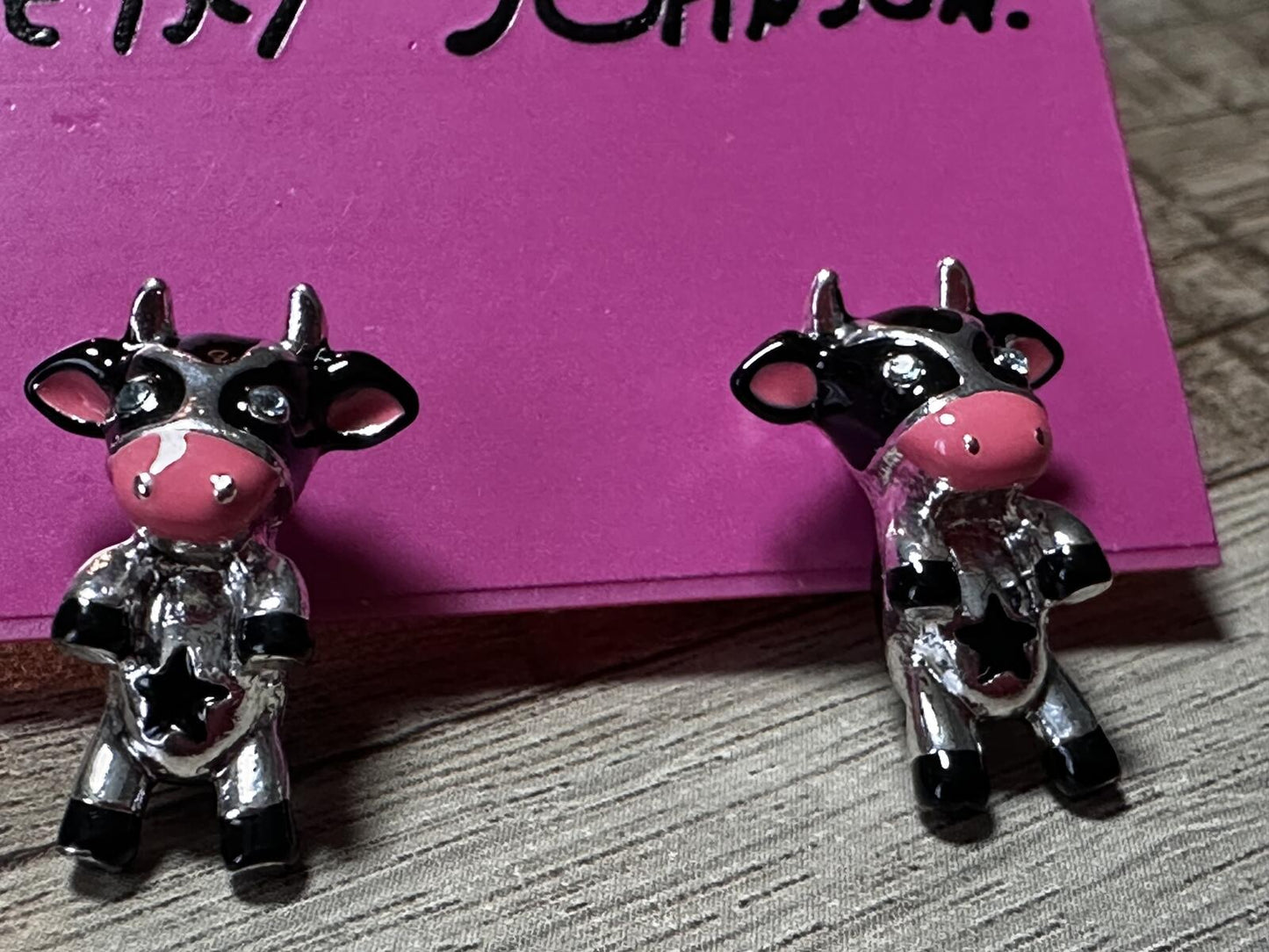 Betsey Johnson Cow Stud Earrings Black Pink Silver Novelty