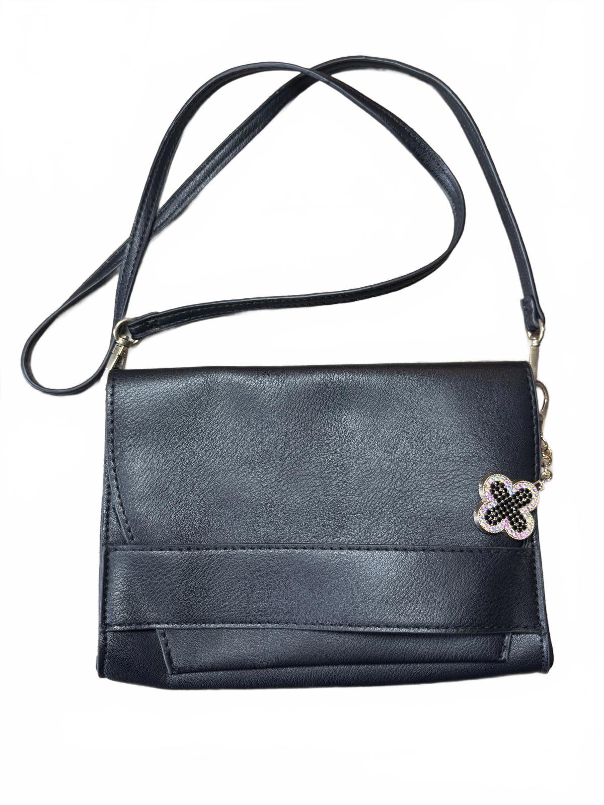Black Faux Leather Crossbody Bag with Decorative Accent