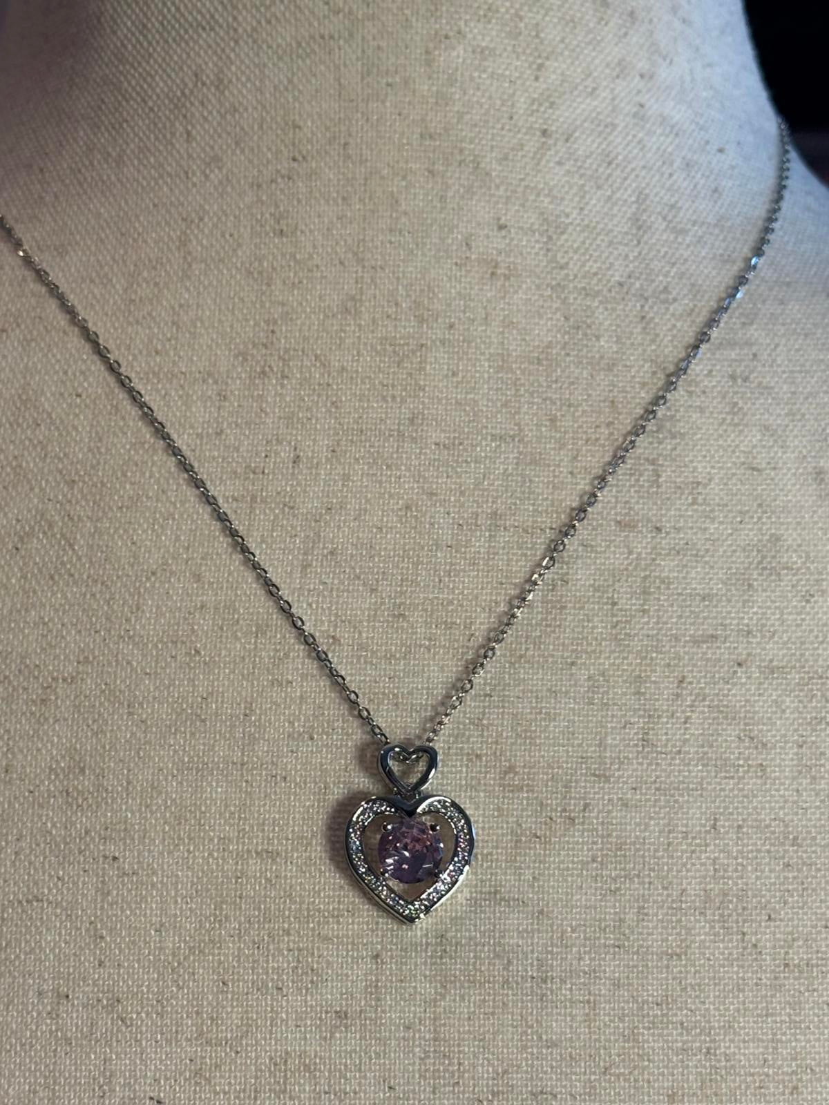 Heart Pendant Necklace with Pink Center Gemstone Stainless