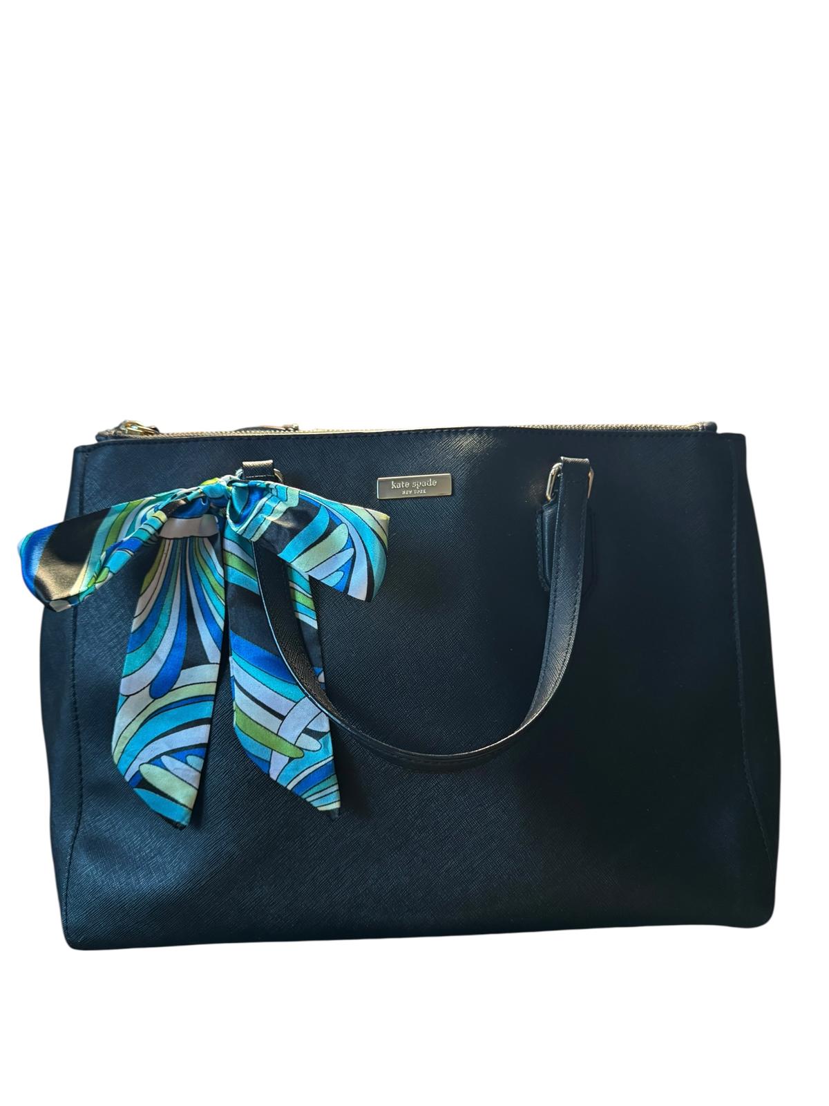 Kate Spade Black Leather Tote Bag with Blue Accent Scarf