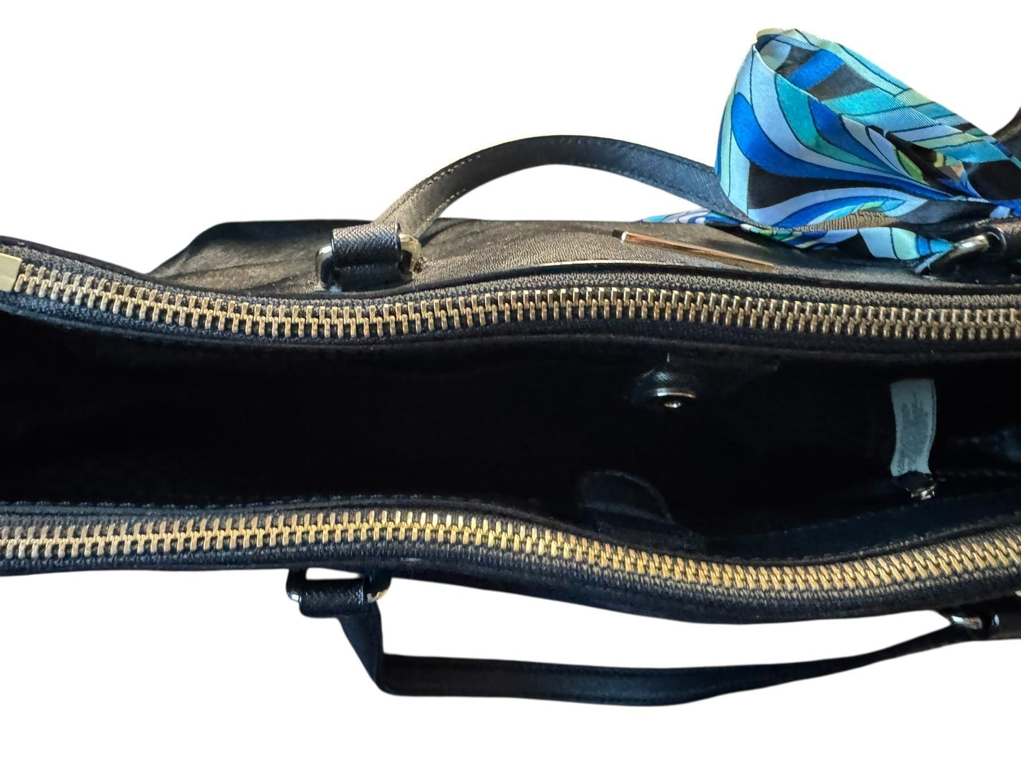 Kate Spade Black Leather Tote Bag with Blue Accent Scarf