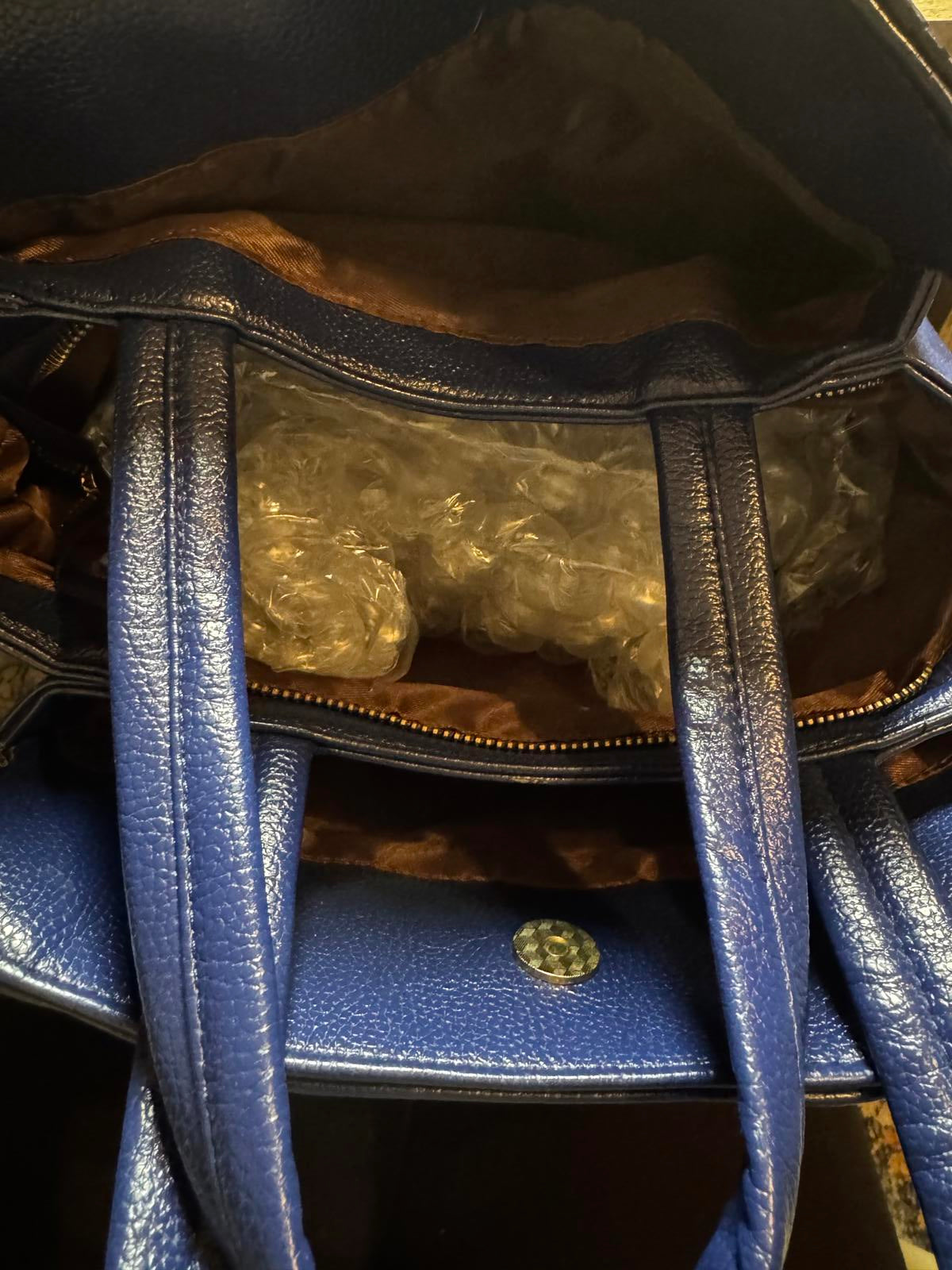 Navy Blue Faux Leather Tote Bag with Shoulder Strap