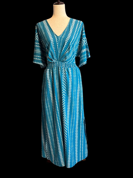 BloomChic Teal Blue Patterned Midi Dress with V-Neck XL
