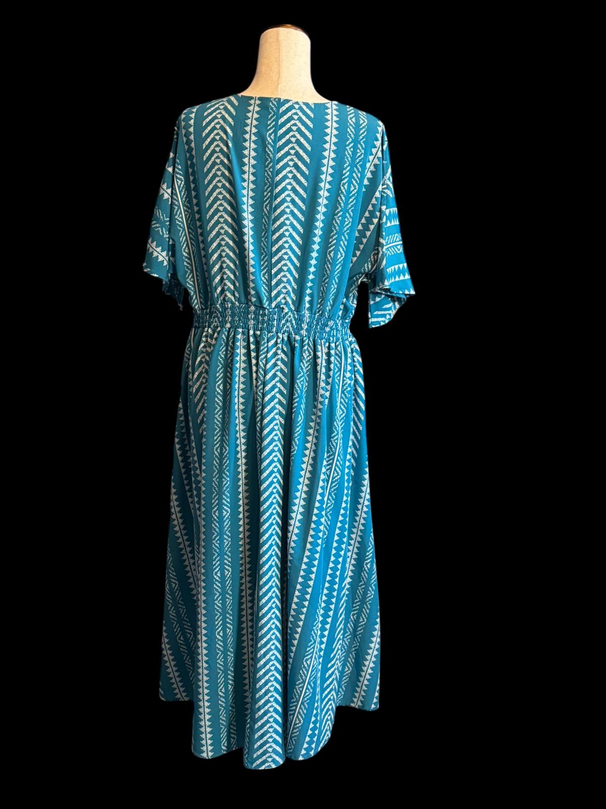 BloomChic Teal Blue Patterned Midi Dress with V-Neck XL
