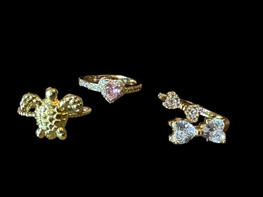Set of 3 Gold Tone Rings with Pink and Clear Stones