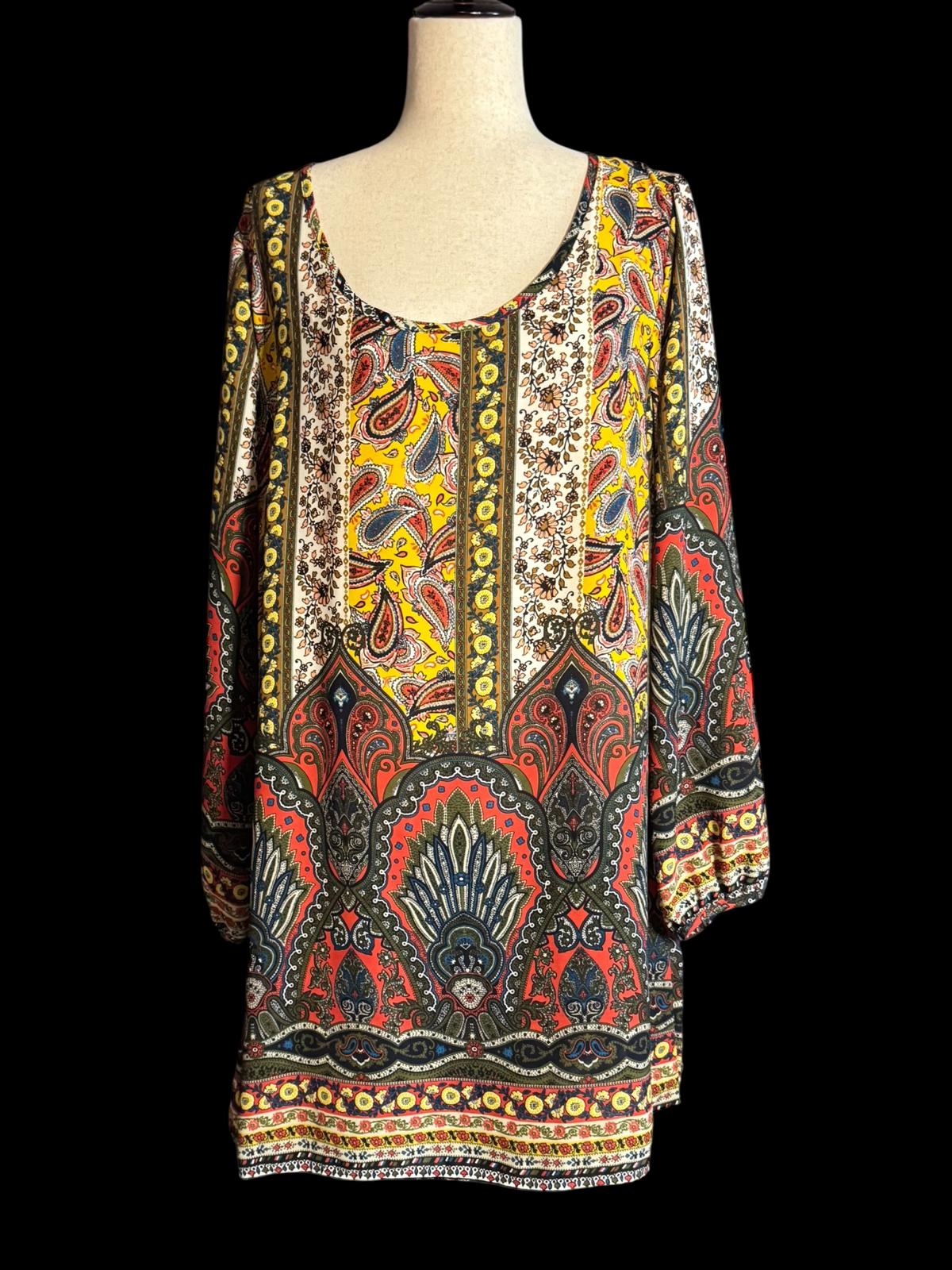 Bohemian Style Long Sleeve Tunic Dress with Paisley Print