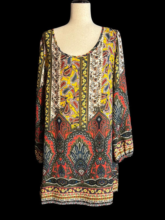 Bohemian Style Long Sleeve Tunic Dress with Paisley Print