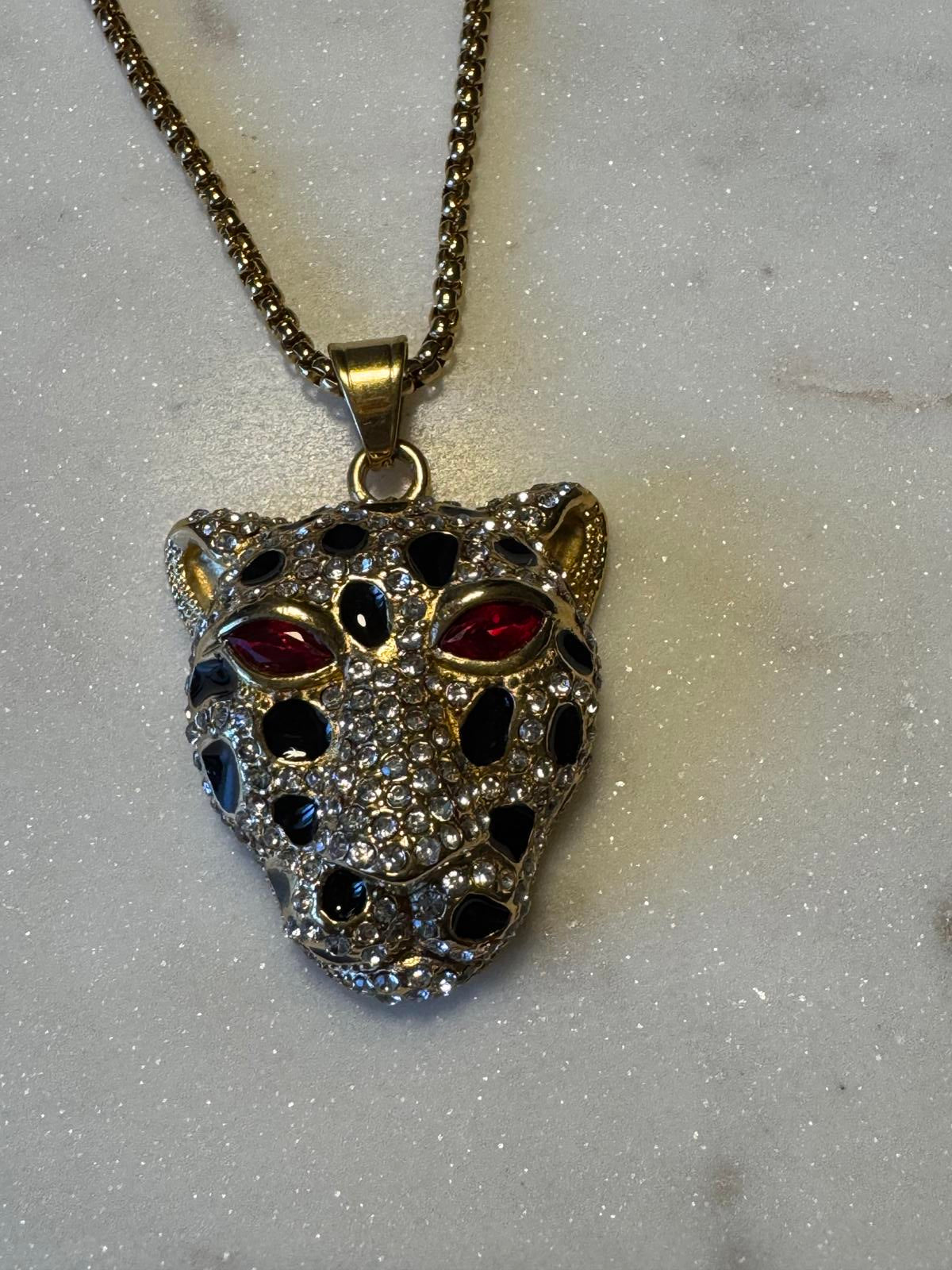 Leopard Head Pendant Necklace with Rhinestones 25 inch chain