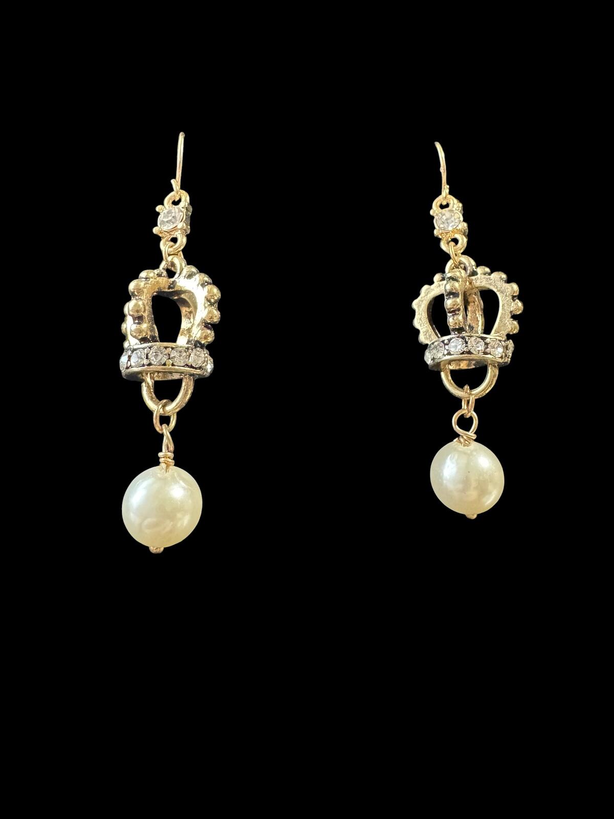 Betsey Johnson Gold Crown and Pearl Drop Earrings