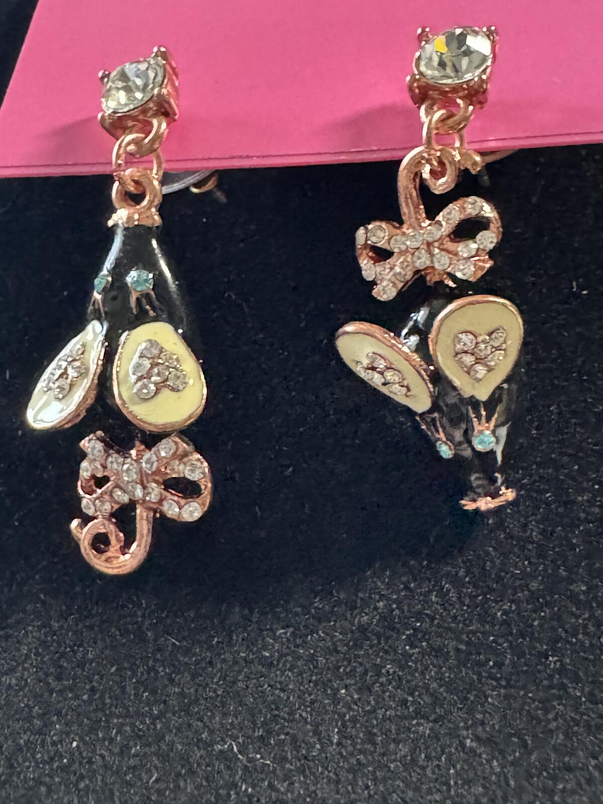 Betsey Johnson Black Mouse and Bow Rhinestone Drop Earrings