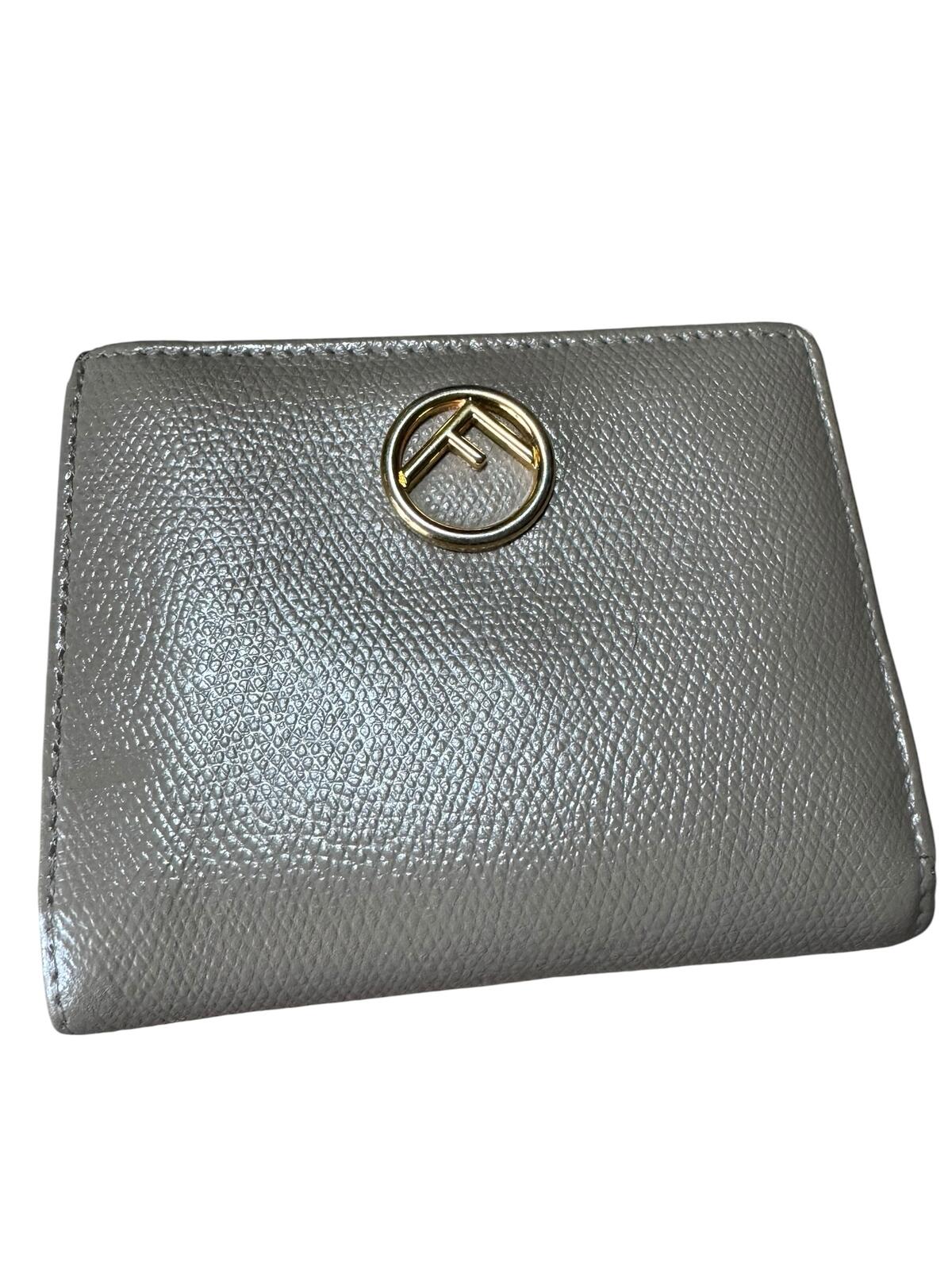 Fendi Gray Leather Card Holder Wallet with Gold Logo