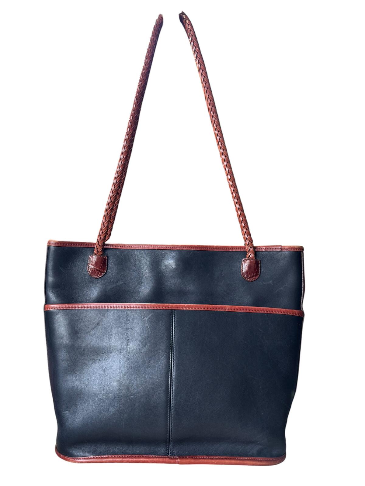 Brighton Black and Brown Leather Tote with Braided Straps
